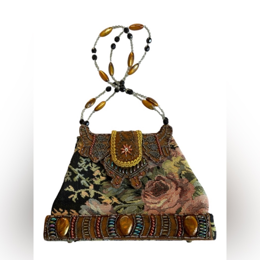 Vintage Rose Floral Tapestry Beaded Purse - Multi Colored Beads